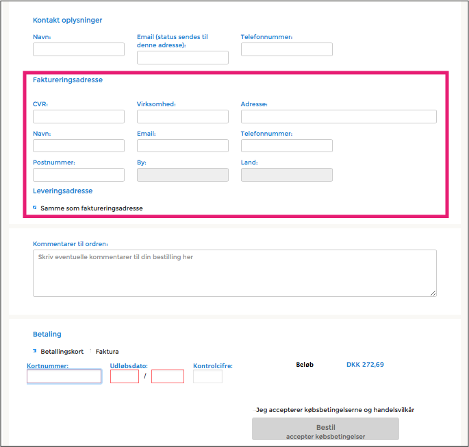 fakturering + leveringsadr